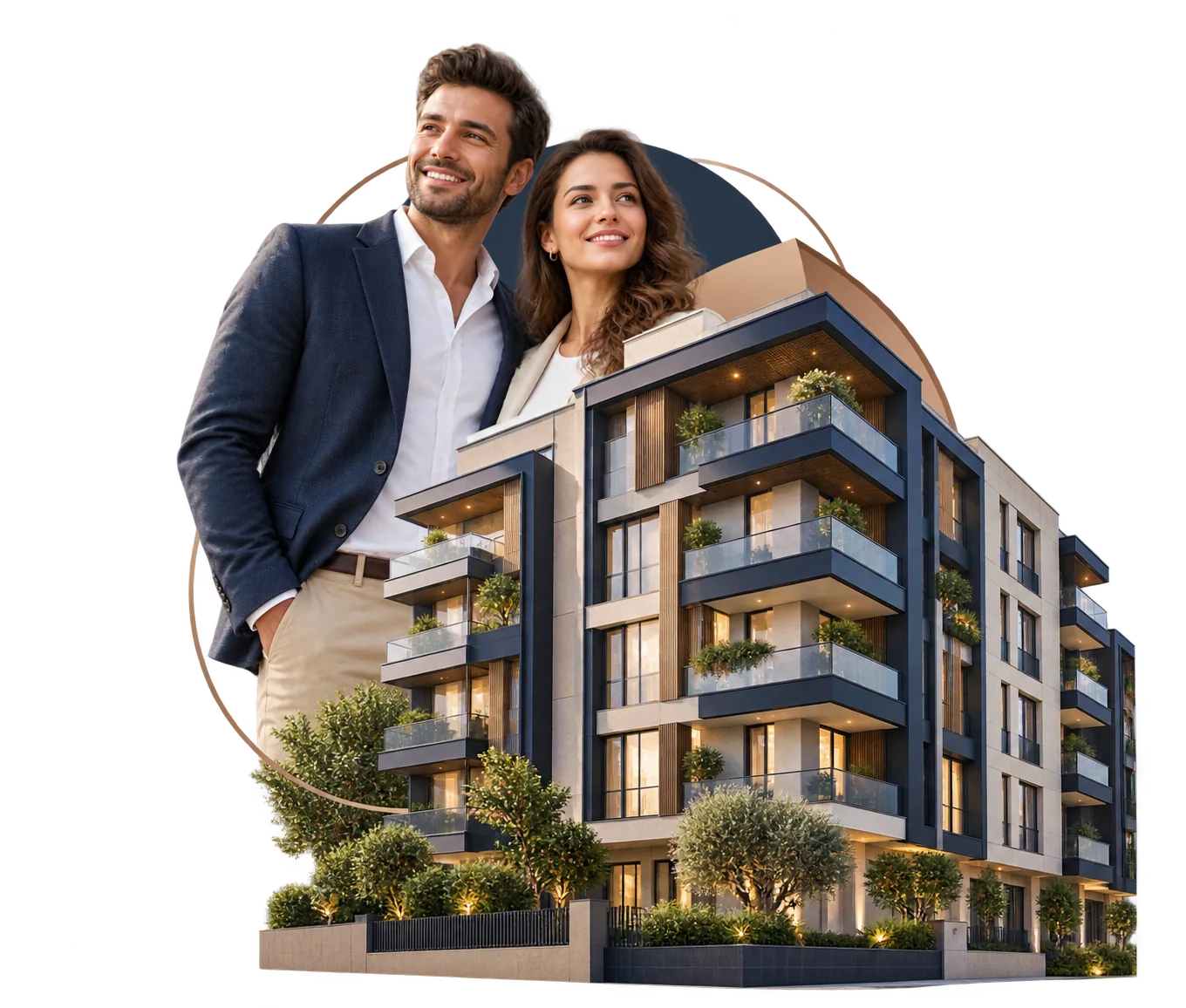 Modern konut ve yeni bir yaşamı temsil eden çift